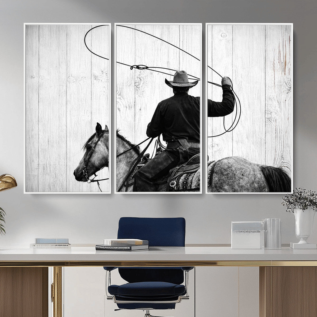 Cowboy Lasso Canvas Wall Art, Black White Western Horse