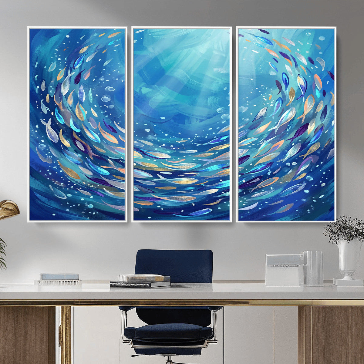 School of Fish Canvas Print | Blue Ocean Underwater Wall Art