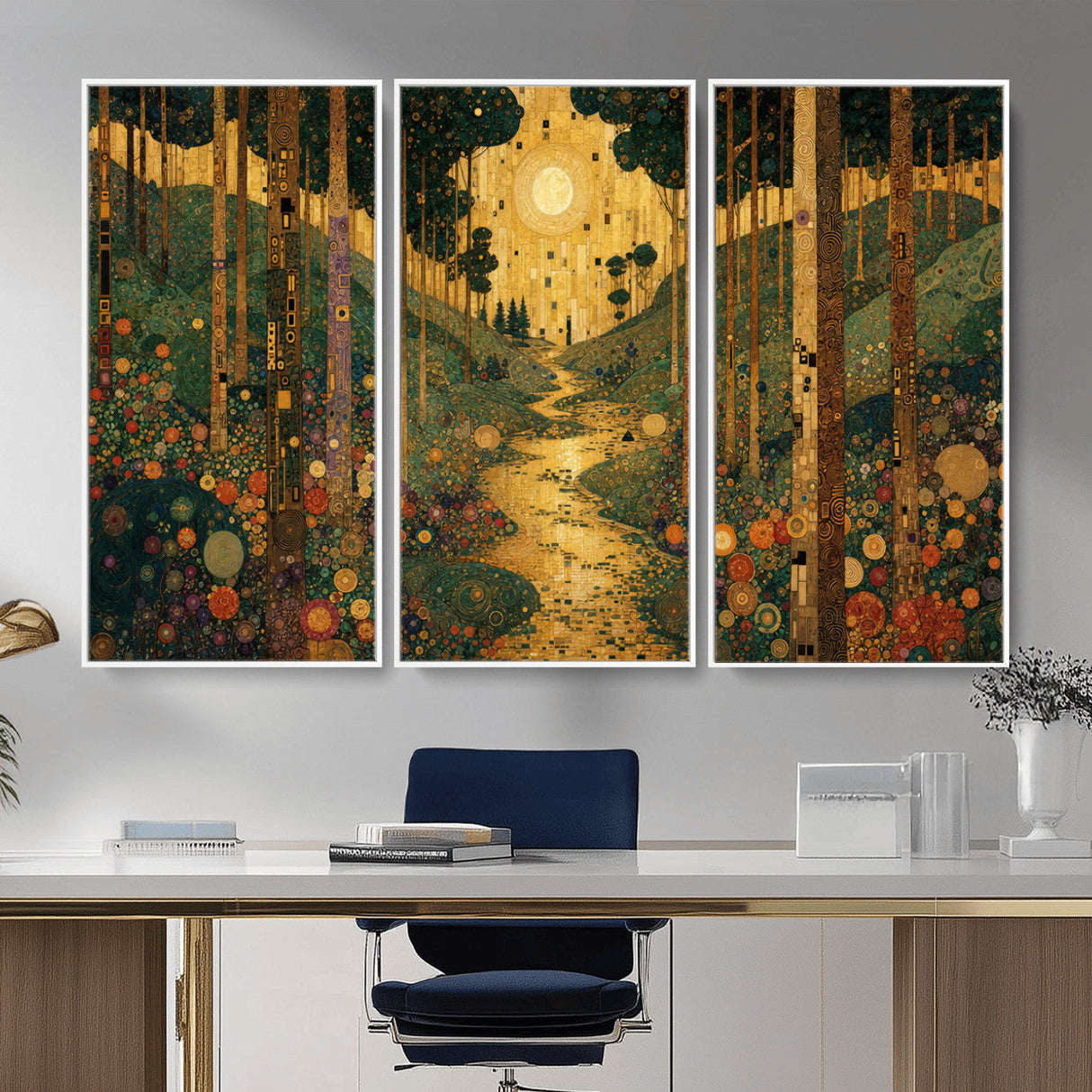 Gustav Klimt Style Forest Canvas Wall Art, Golden Forest Path Floral Art Nouveau Print, Enchanted Woodland Decor