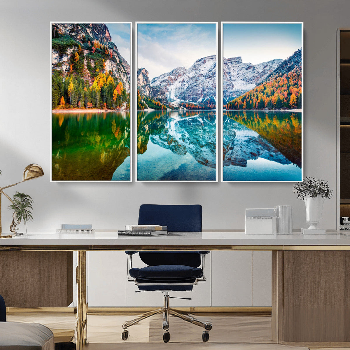 Spectacular autumn view of Braies Lake Wall Art Canvas Print