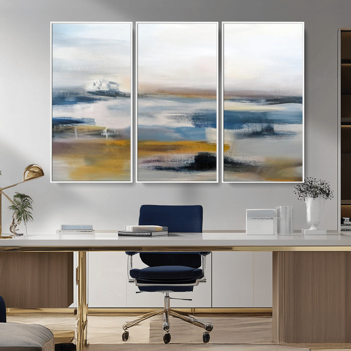 Abstract Landscape Wall Art Canvas | 3 Panel Modern Blue,