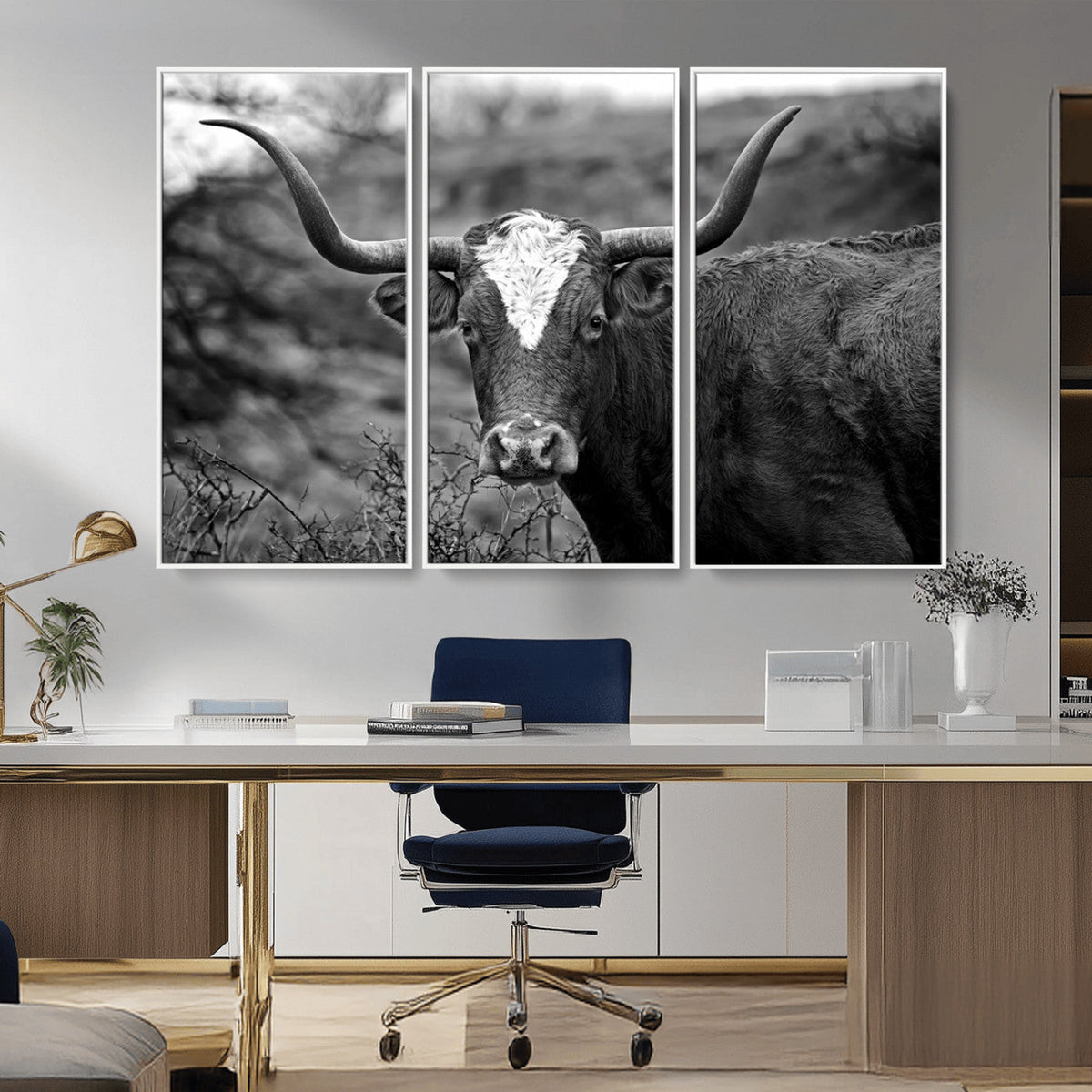 Western Home Wall Art Canvas Print, Framed Texas Longhorn
