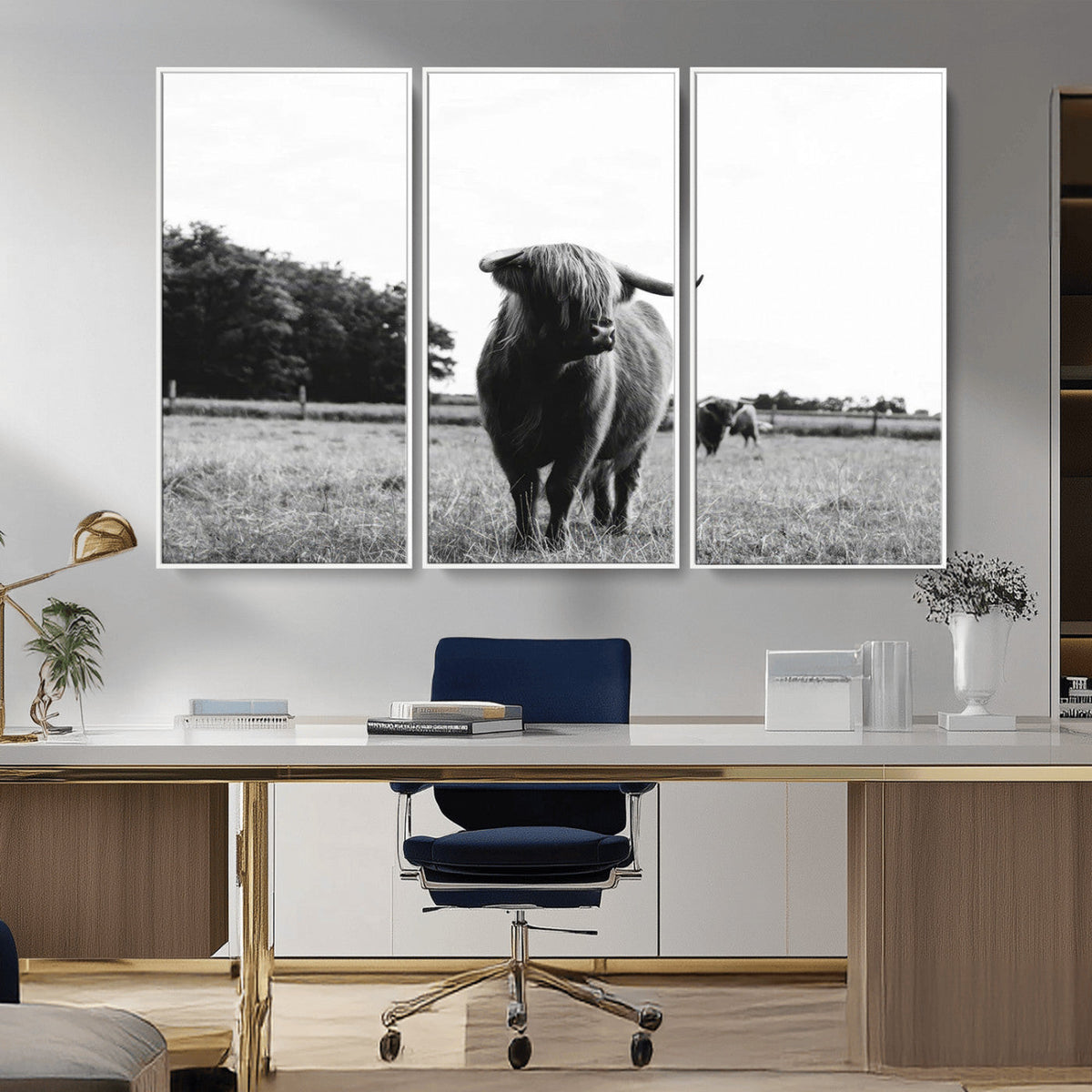 Black and White Highland Cow Wall Art Canvas Print | Rustic
