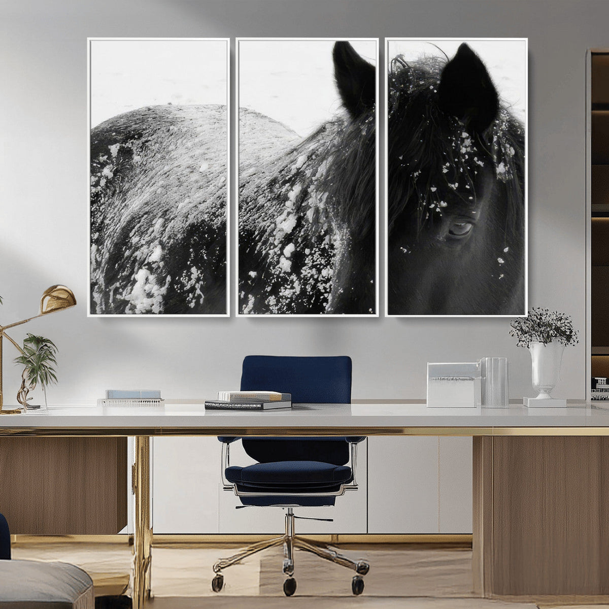 Black Horse in Snow Canvas Print | Winter Horse Wall Art |