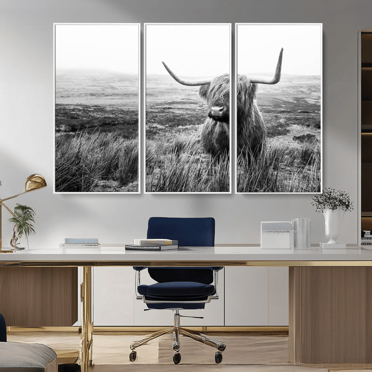 Scottish Highland Cow Wall Art | Black and White Canvas