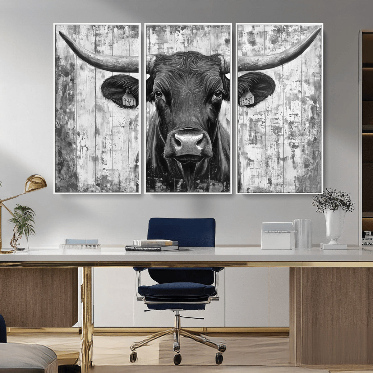Abstract Longhorn Bull Wall Art Canvas Print - Rustic Texas