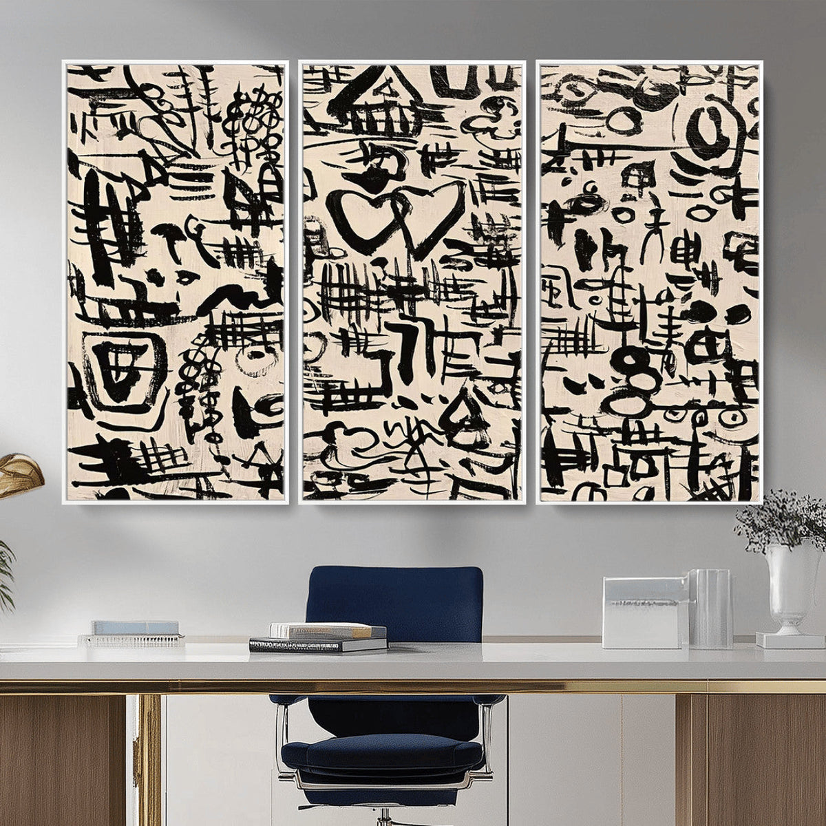 Abstract Love and Chaos Canvas Print, Black Symbols on Beige