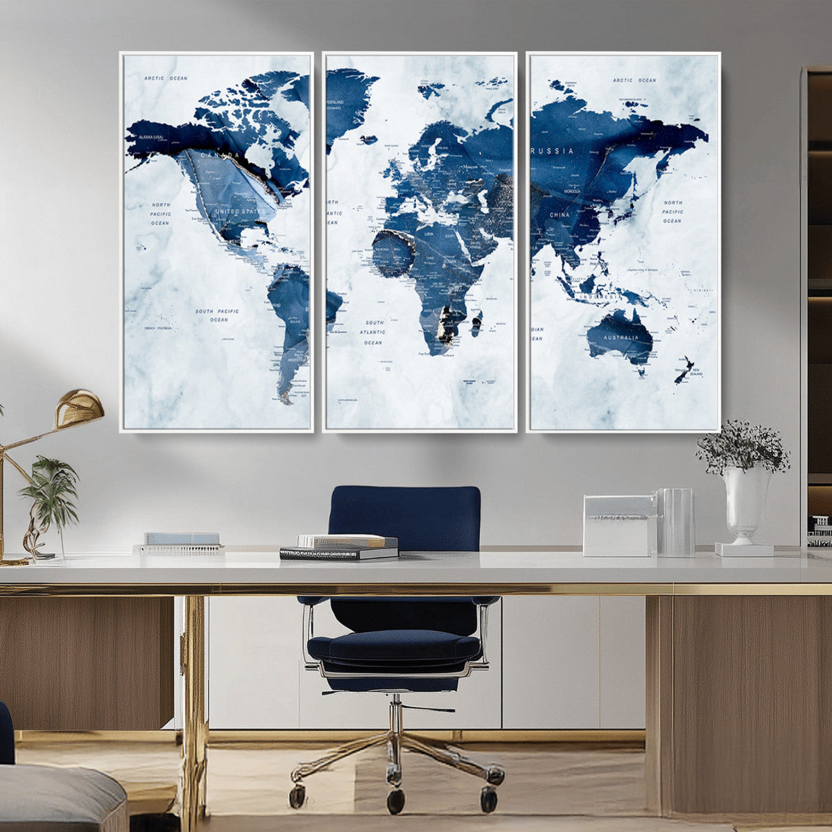 Modern Blue World Map Canvas Print – Framed Wall Art,