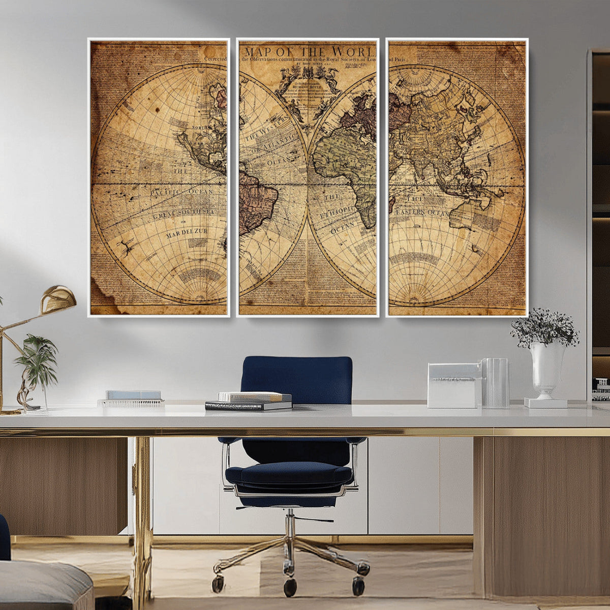 Vintage World Map Wall Art Canvas – Antique Style Push Pin