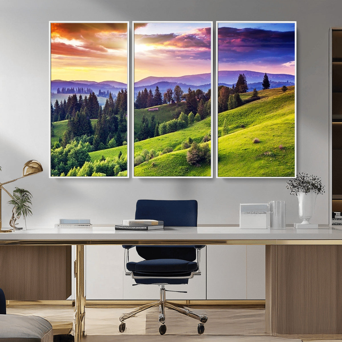 Green Hills and Sunset Wall Art Print - Scenic Landscape