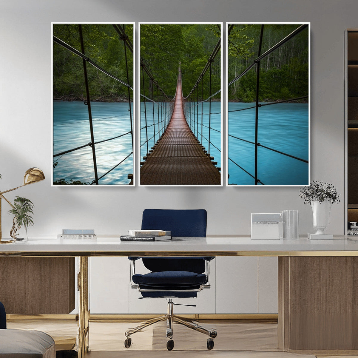 Suspension Bridge Over River Canvas Art | 3-Panel Nature