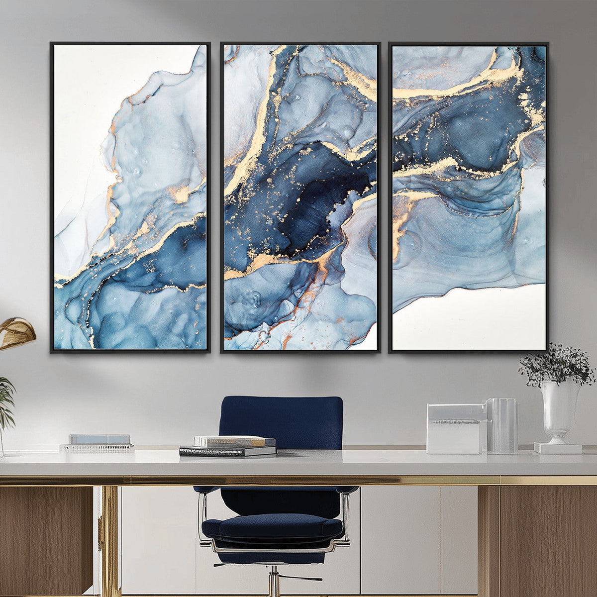 Blue Abstract Canvas Wall Art Print | Fluid Marble Effect Abstract Art