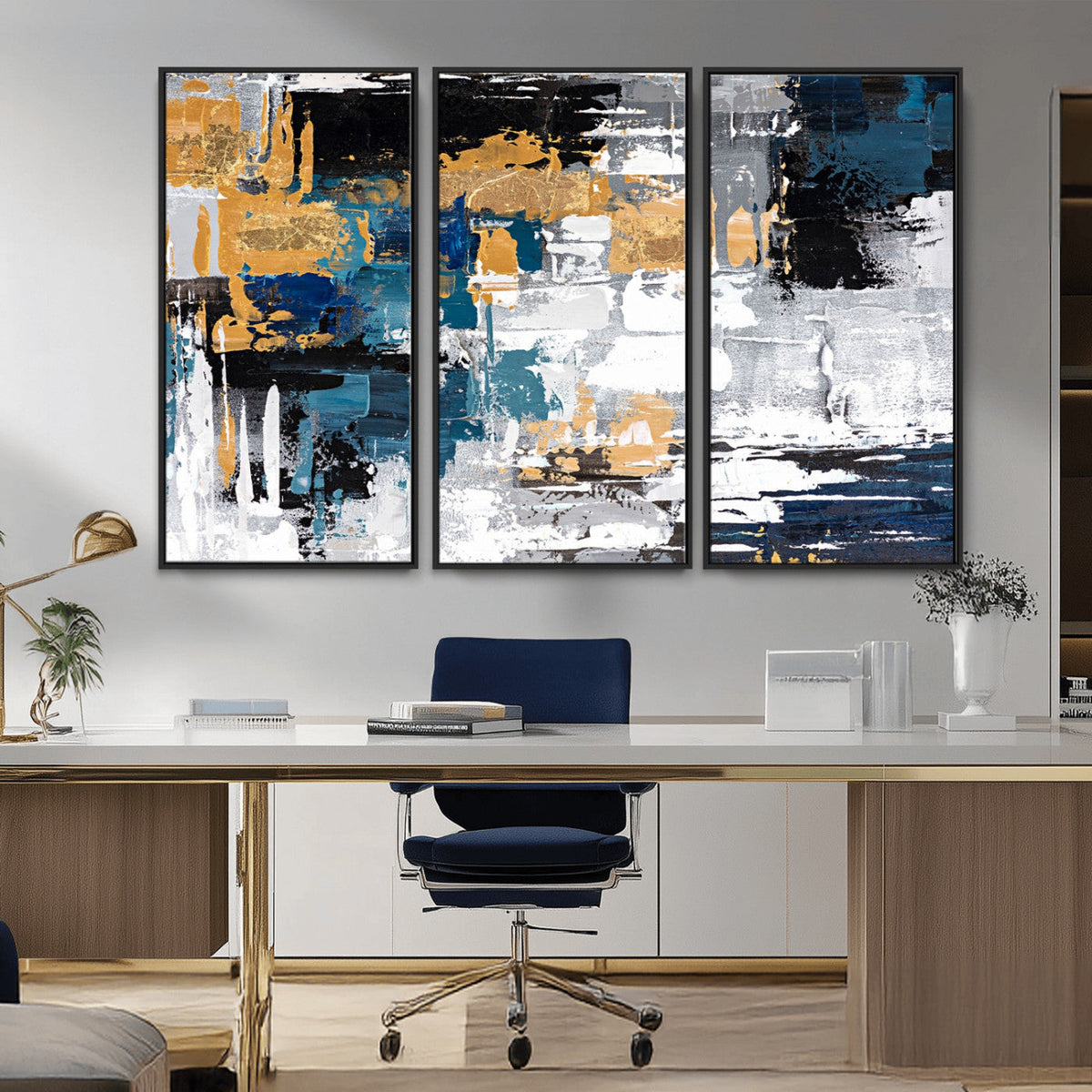 Blue and Gold Abstract Canvas Wall Art – Triptych Modern