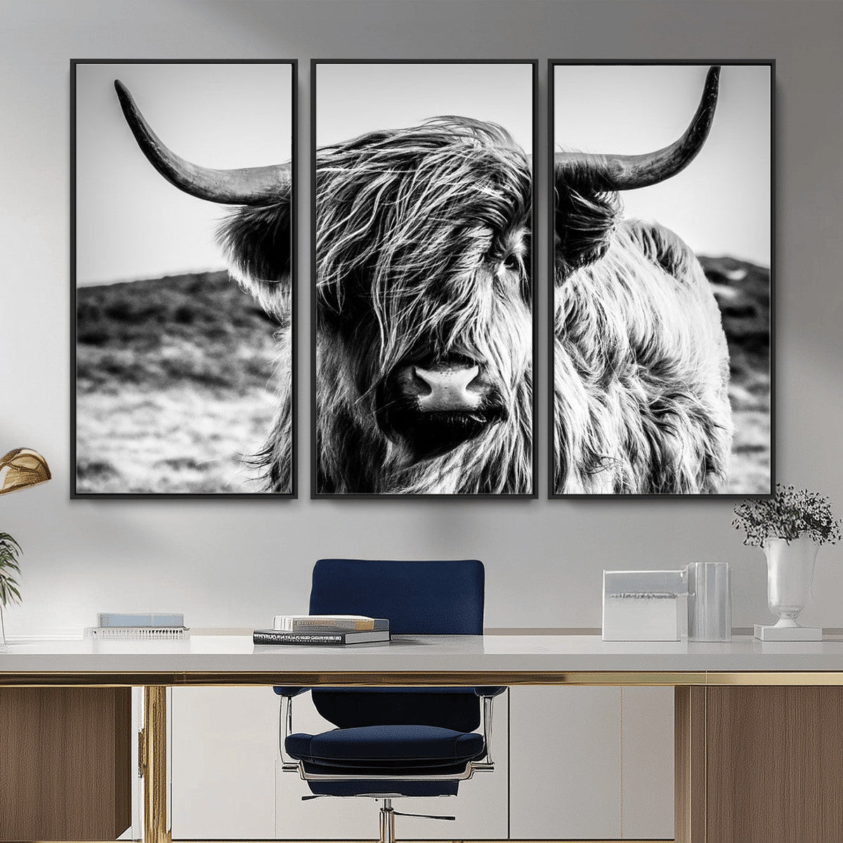 Black and White Scottish Cow Canvas Wall Art Highland Cattle