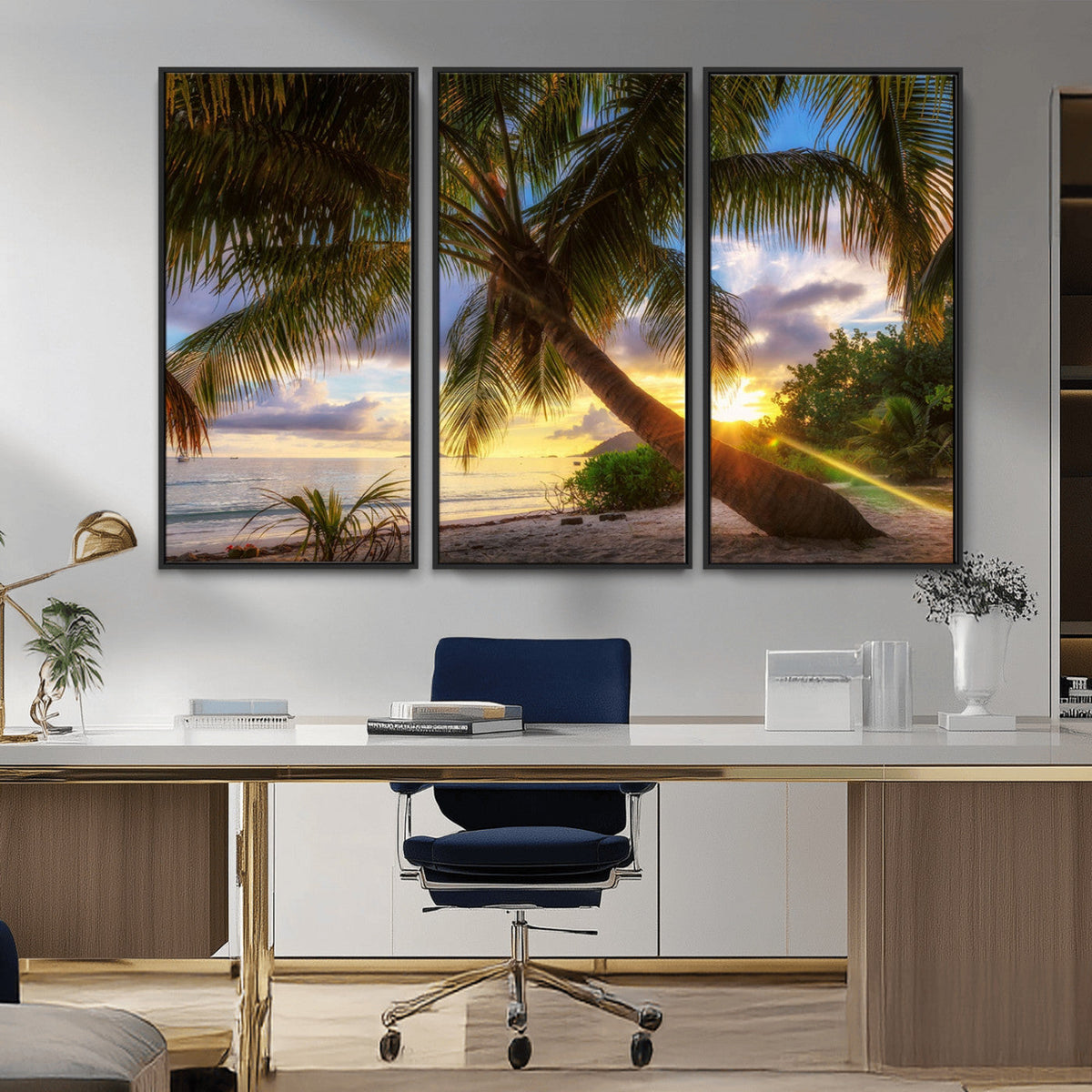 Tropical Island Sunset on the Beach Palms Wall Art Canvas