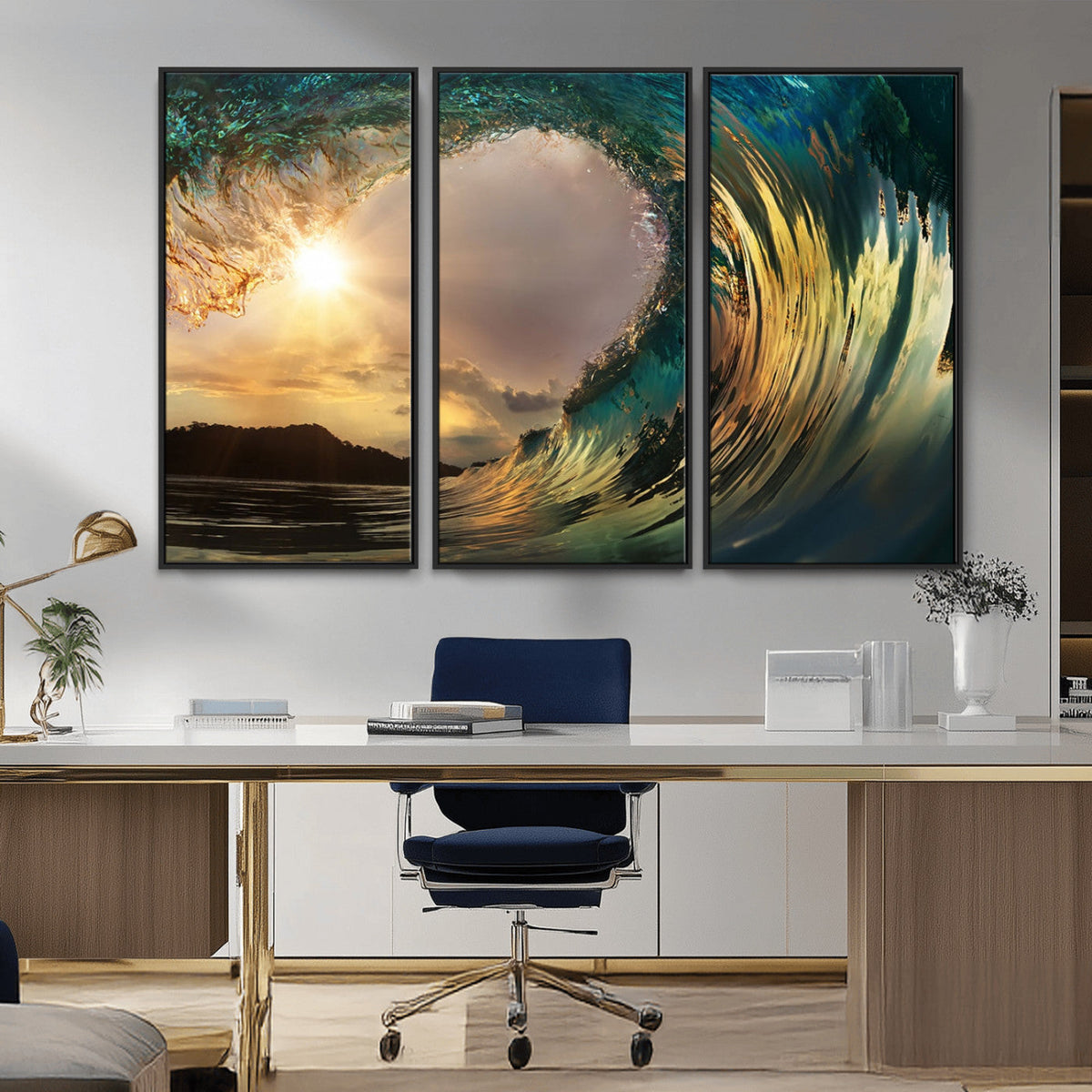 Golden Wave Sunset Canvas Print – Large Coastal Wall Art for