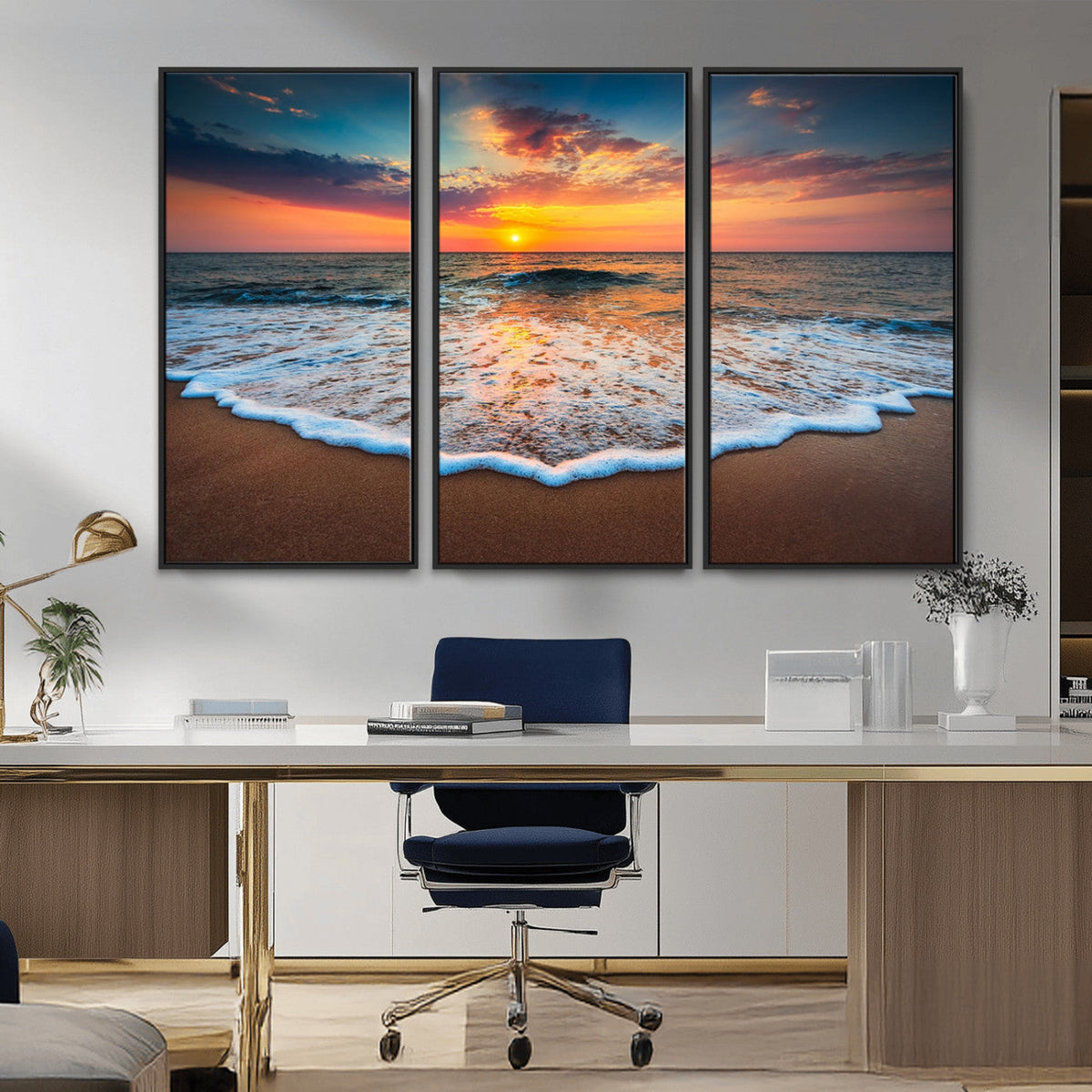 Sunset Beach Canvas Wall Art – Colorful Ocean Waves Triptych