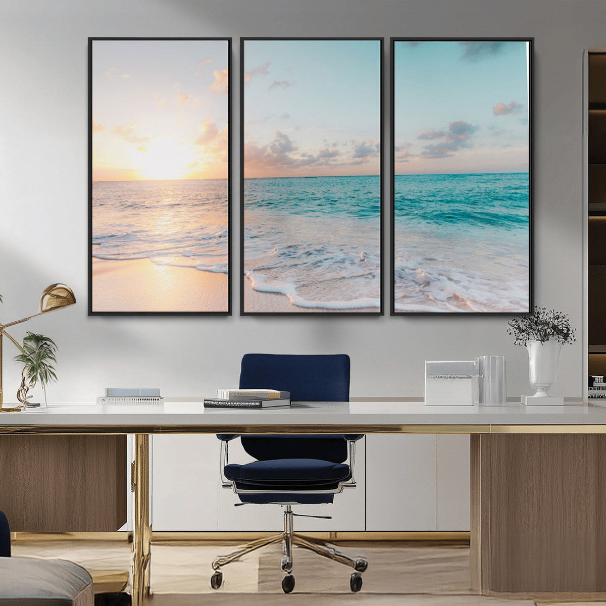 Tranquil Ocean Beach Sunset Canvas Wall Art | 3-Panel