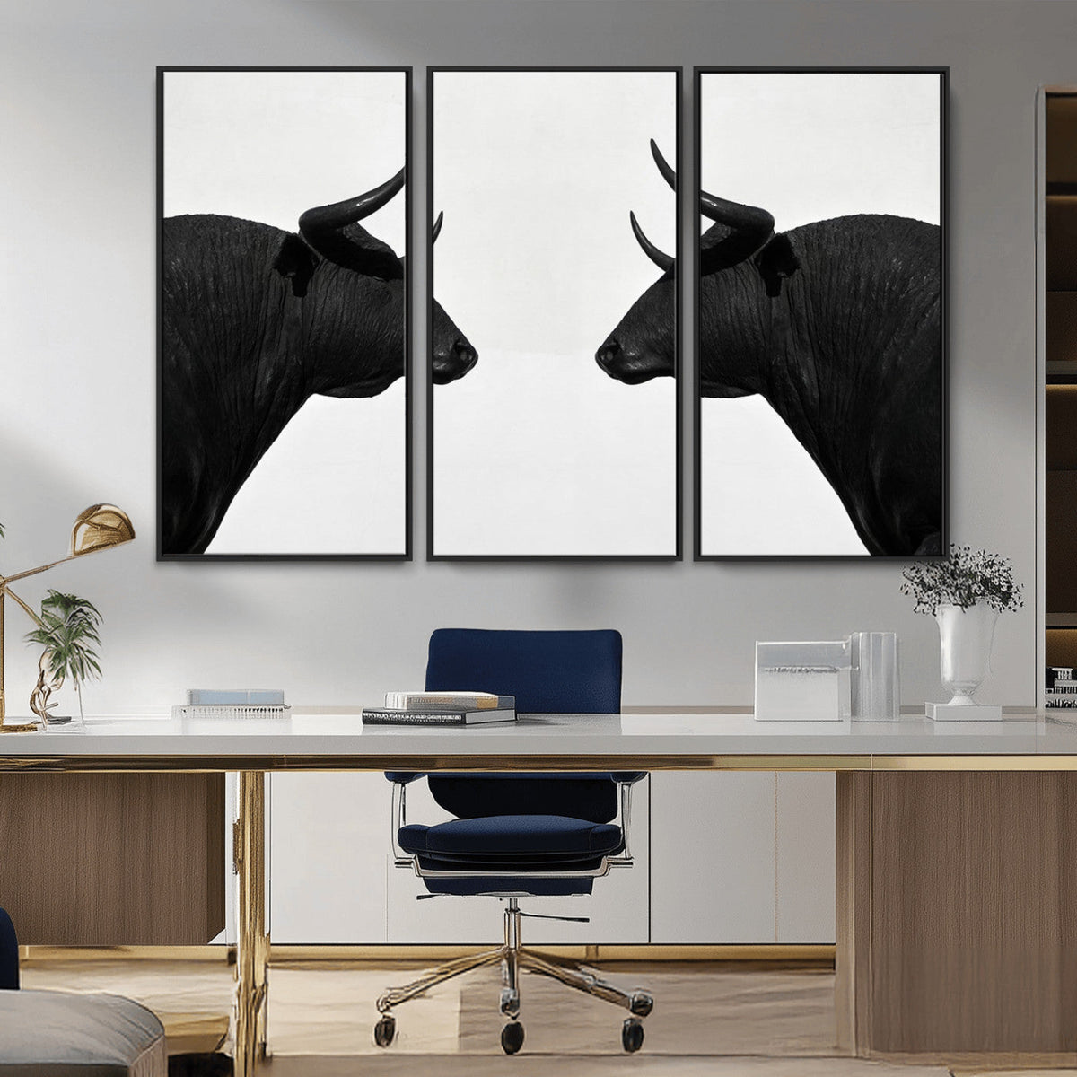 Spanish Bull Art - Framed Black and White Bull Canvas Print