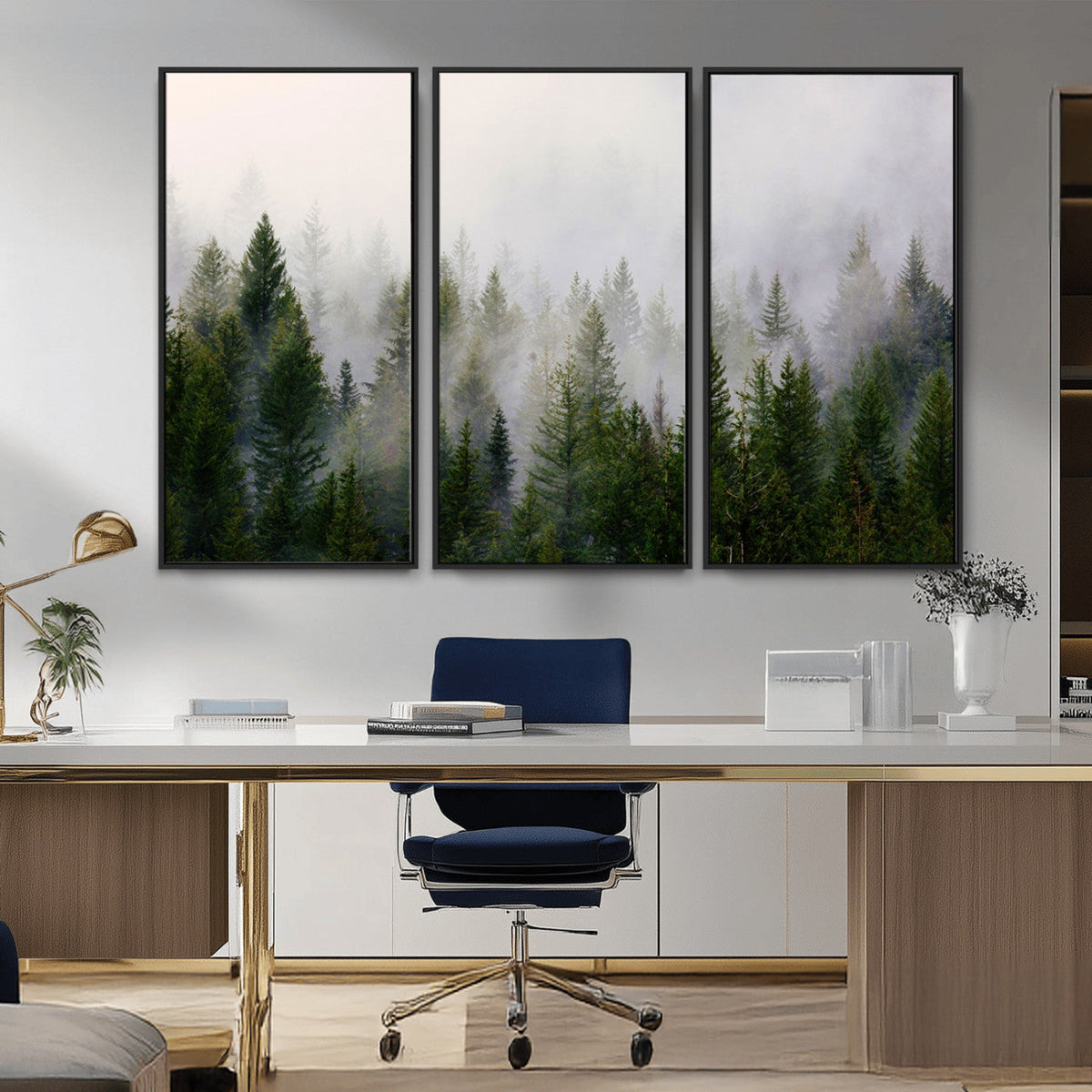 Misty Pine Forest Wall Art Canvas Print | 3 Panel Green