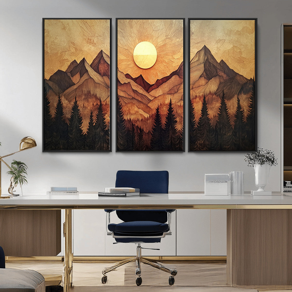 Wood Style Abstract Mountain Sunset Canvas Wall Art Print -