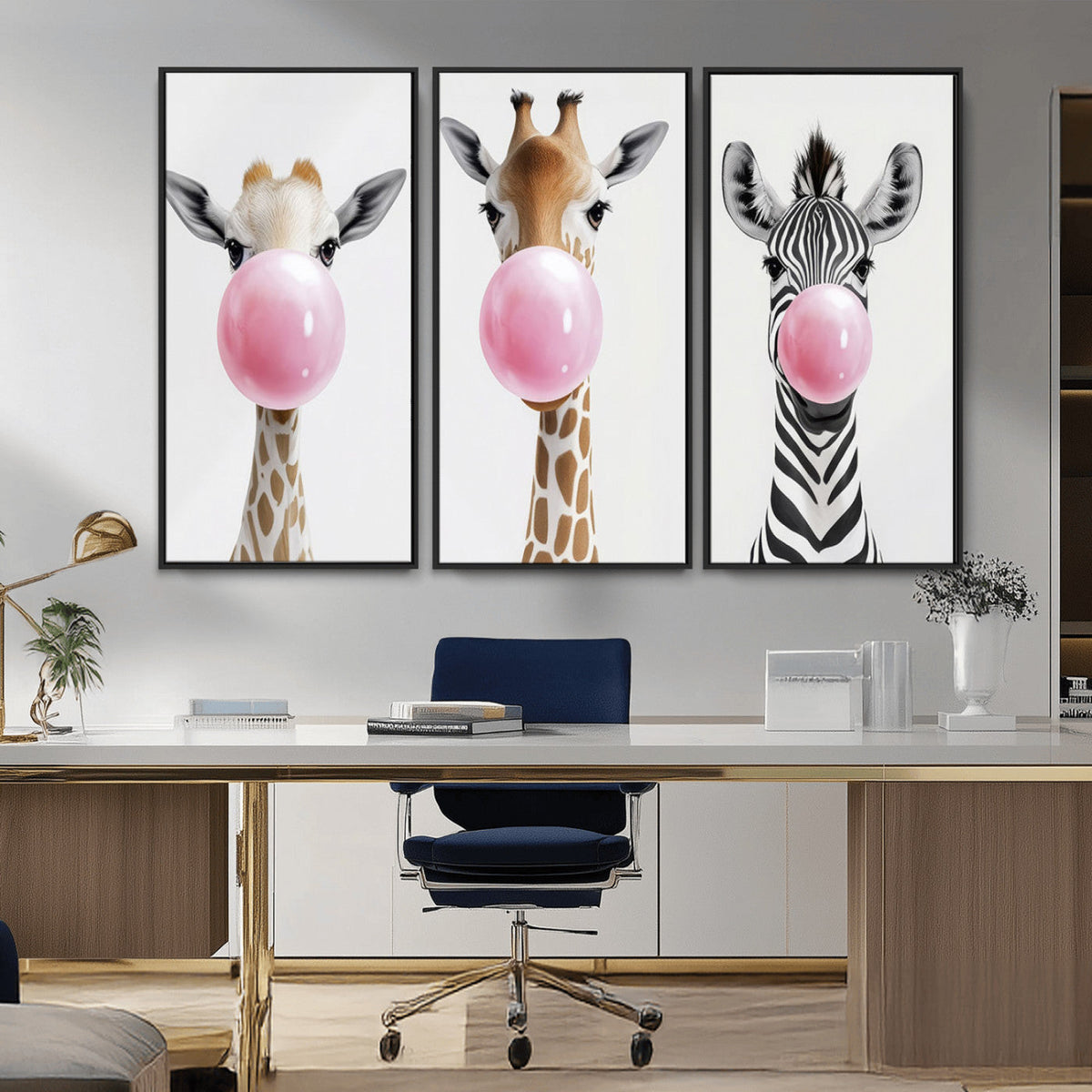Bubblegum Animals Canvas Wall Art - Playful Giraffe and