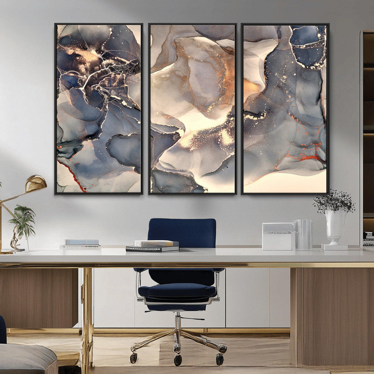 Abstract Blue and Gold Wall Art - Fluid Ink Artwork - Modern