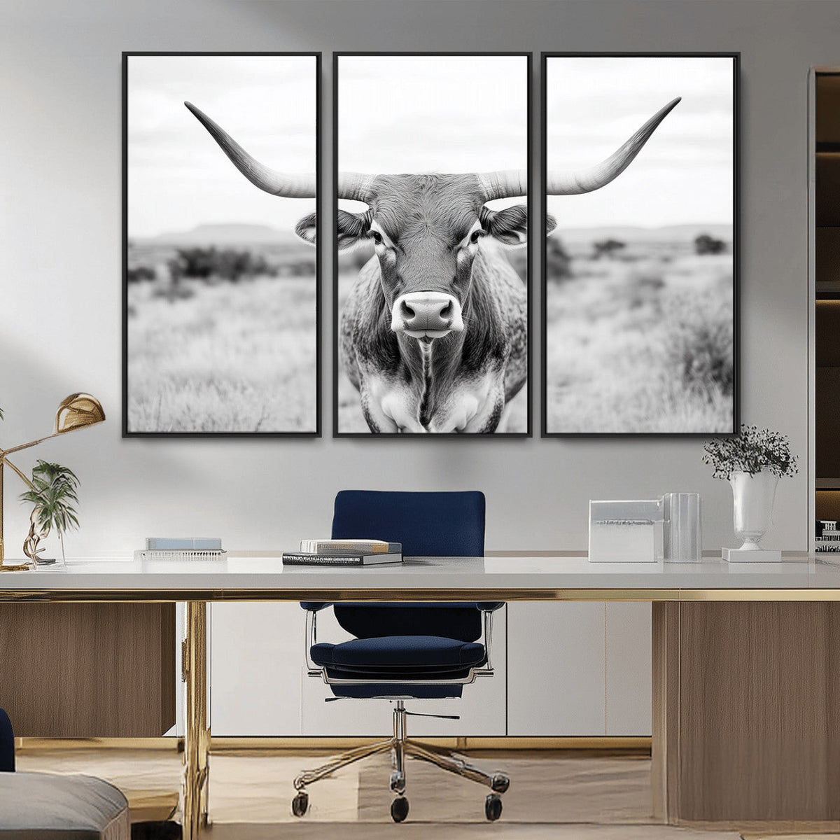Highland Cow Wall Art Canvas Print – Black and White Western