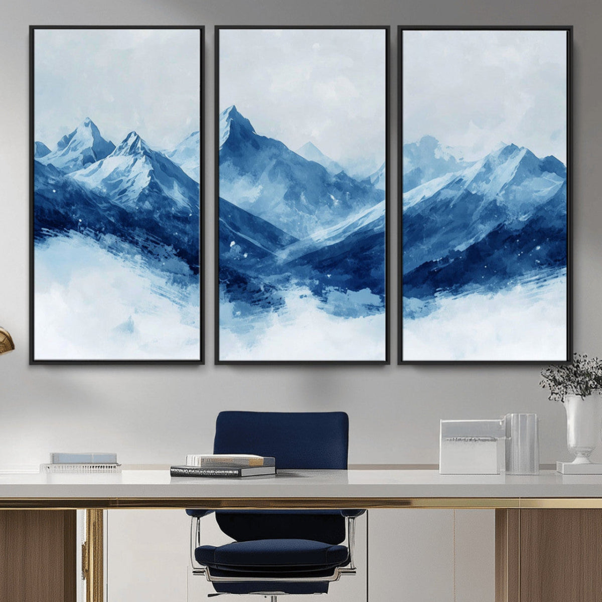 Blue Mountains Wall Art – Framed Snowy Range Canvas Artwork,