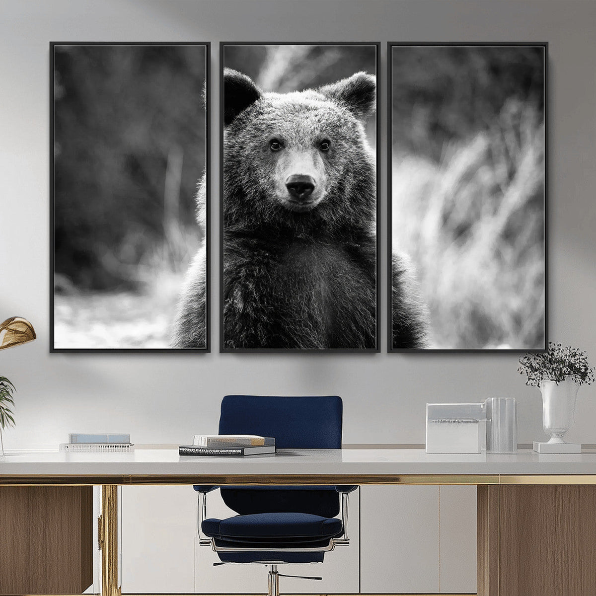 Grizzly Bear Wall Art Canvas Print – Framed Black White