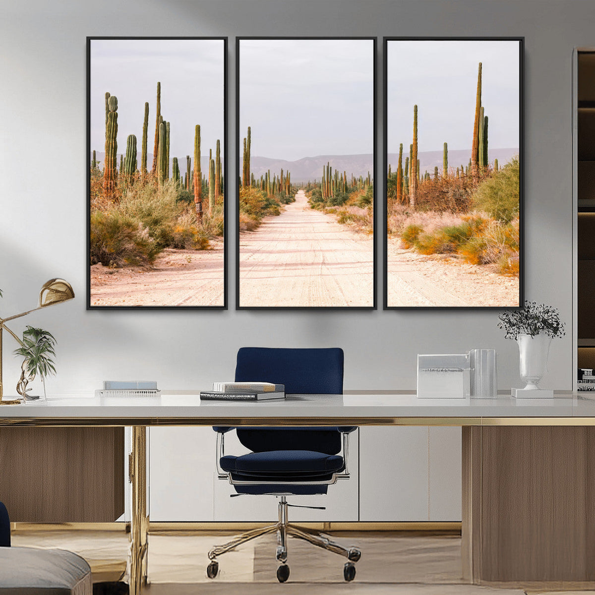 Desert Cactus Lined Road Wall Art Canvas Print – Framed