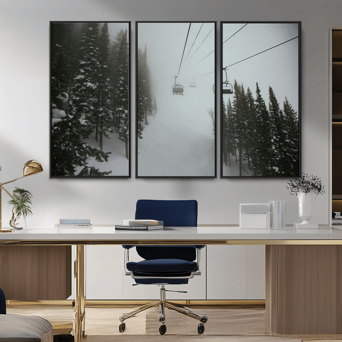 Ski Lift Wall Art Canvas Print – Snowy Pines Misty Landscape