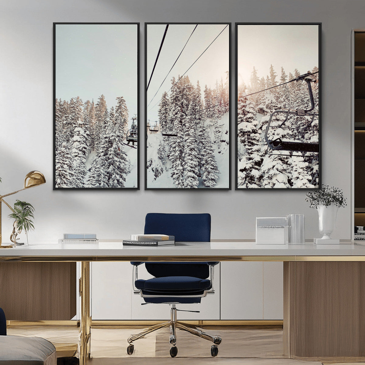 Frosty Pines Wall Art Canvas Print – Framed Cozy Cabin Ski