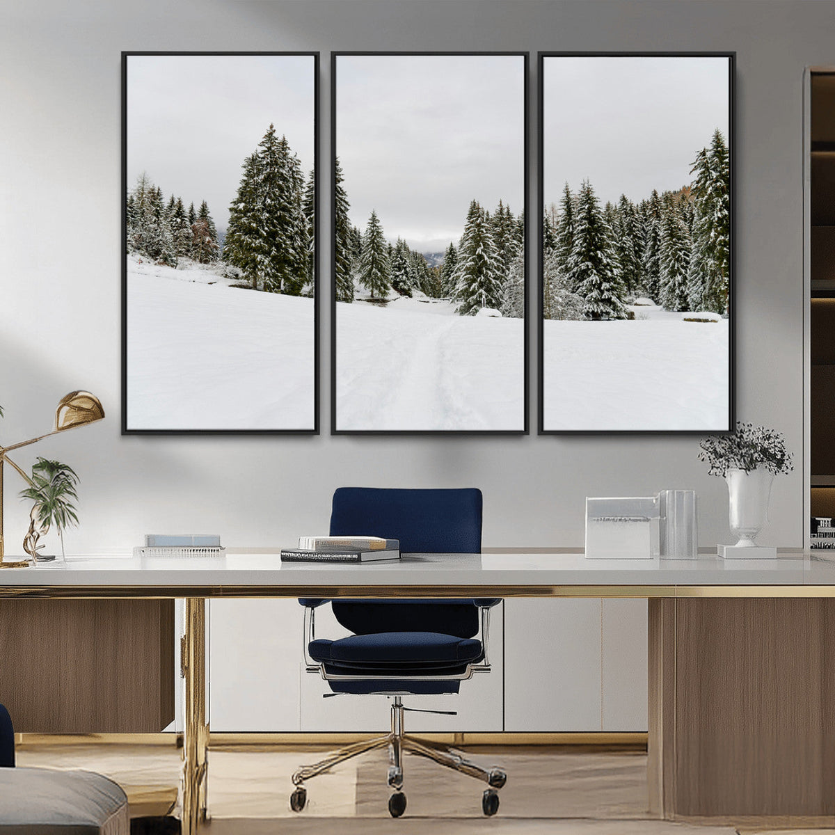 Frosty Pines Wall Art Canvas Print – Framed Silent Snowfall
