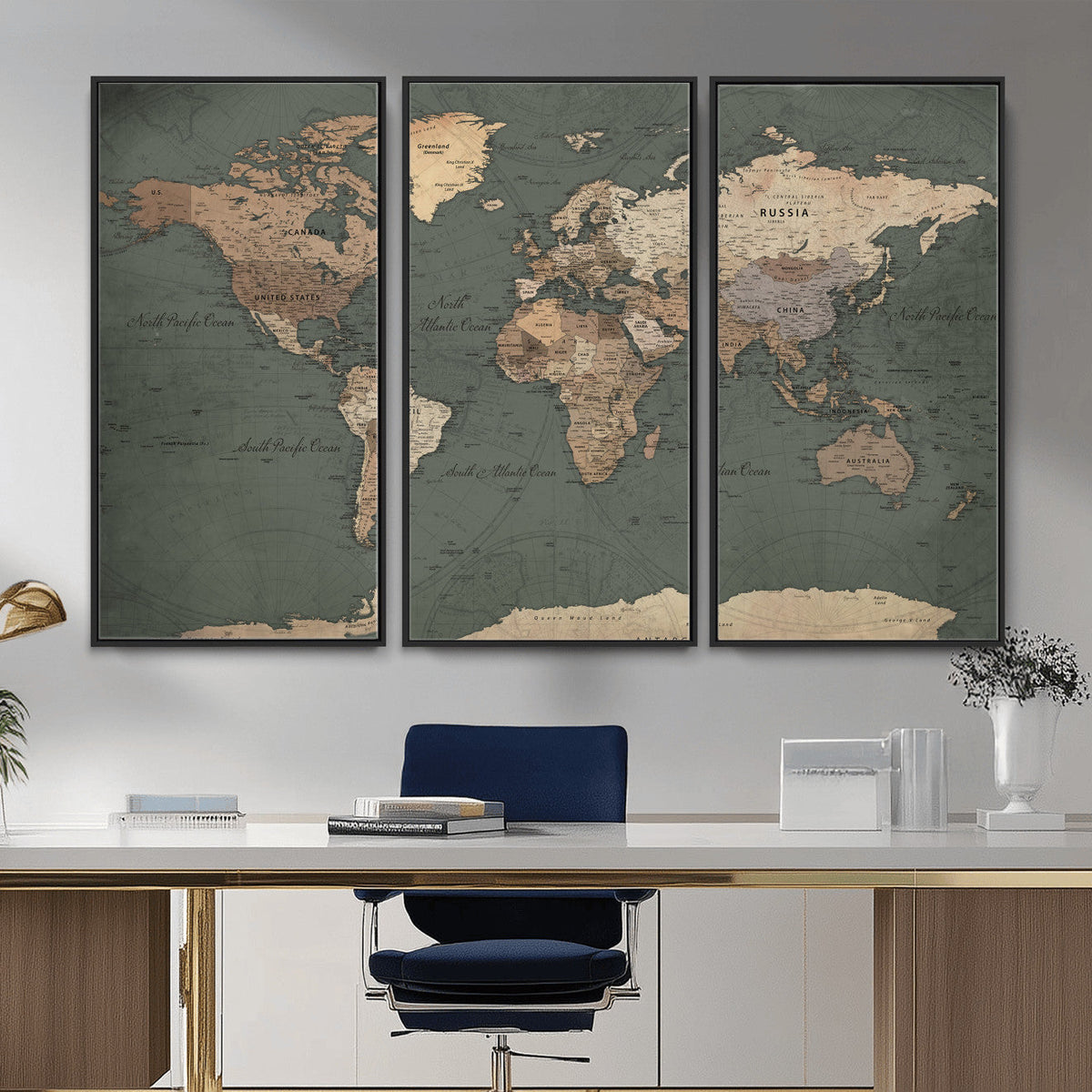 Rustic Black and Wood World Map Canvas Wall Art – Framed