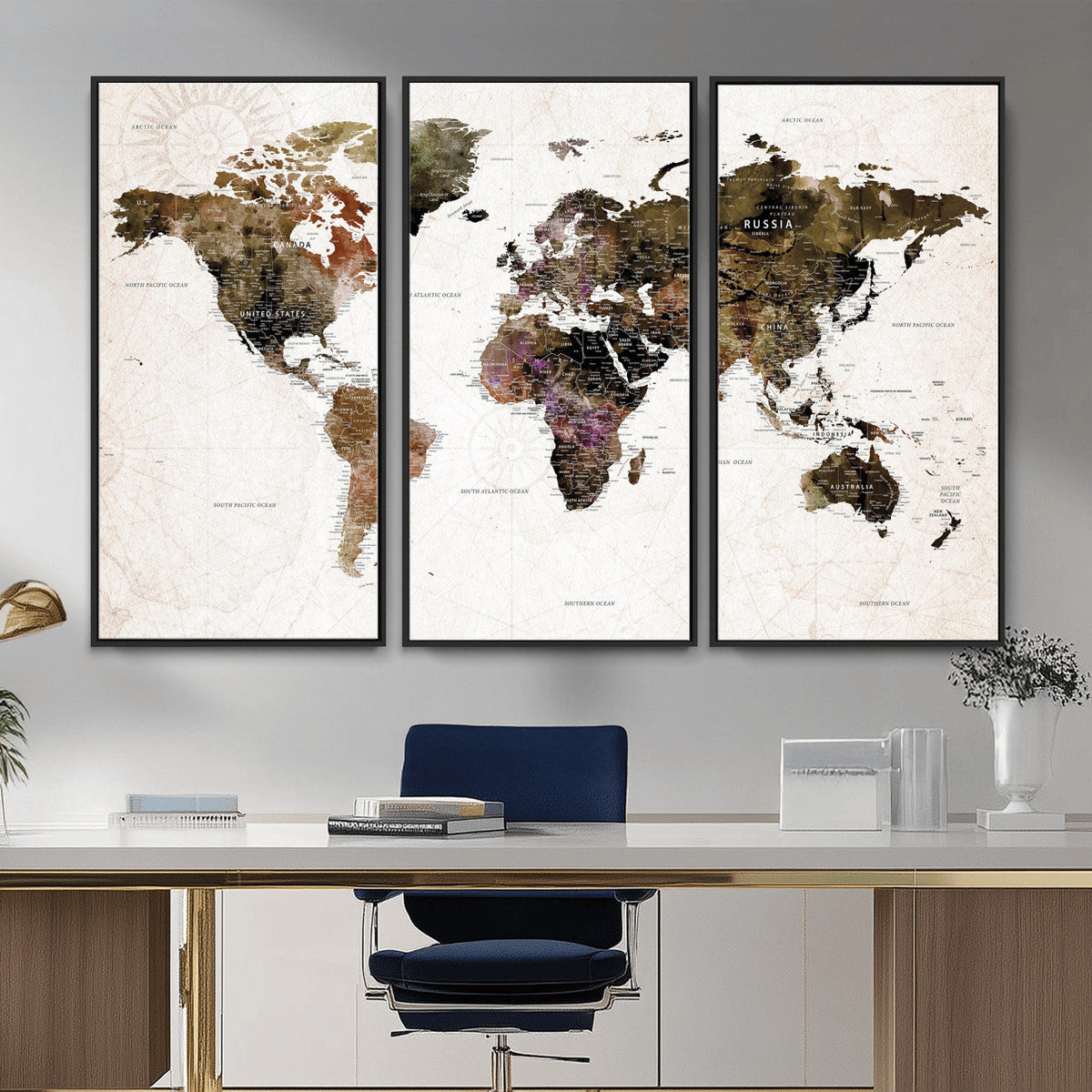 Watercolor World Map Print - Large Wall Art Canvas Print for