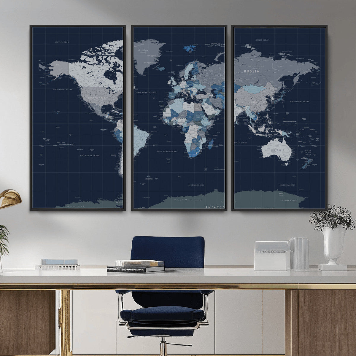 Blue Detailed World Map Wall Art Canvas Print, Modern Framed
