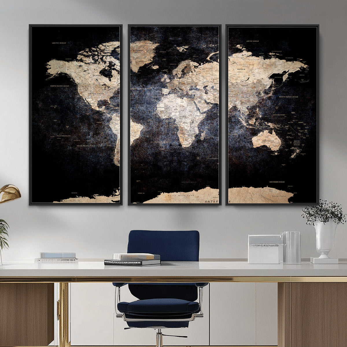 Grunge World Map Wall Art | 3-Panel Large Beige and Brown