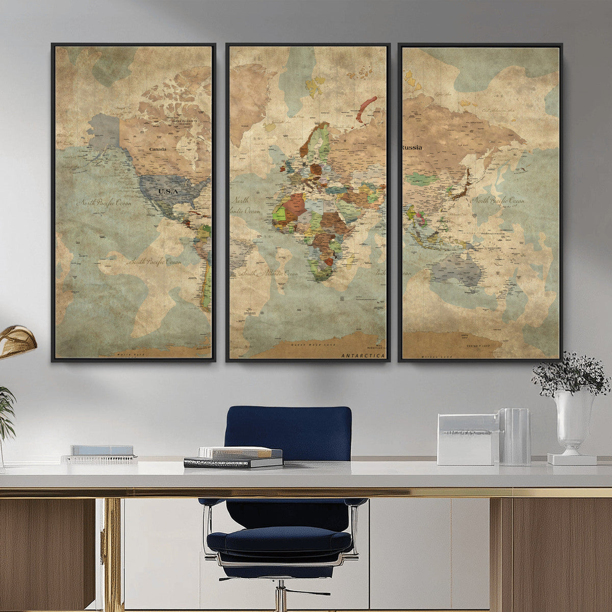 World Map Wall Art Canvas Print, Rustic Map Print, Framed