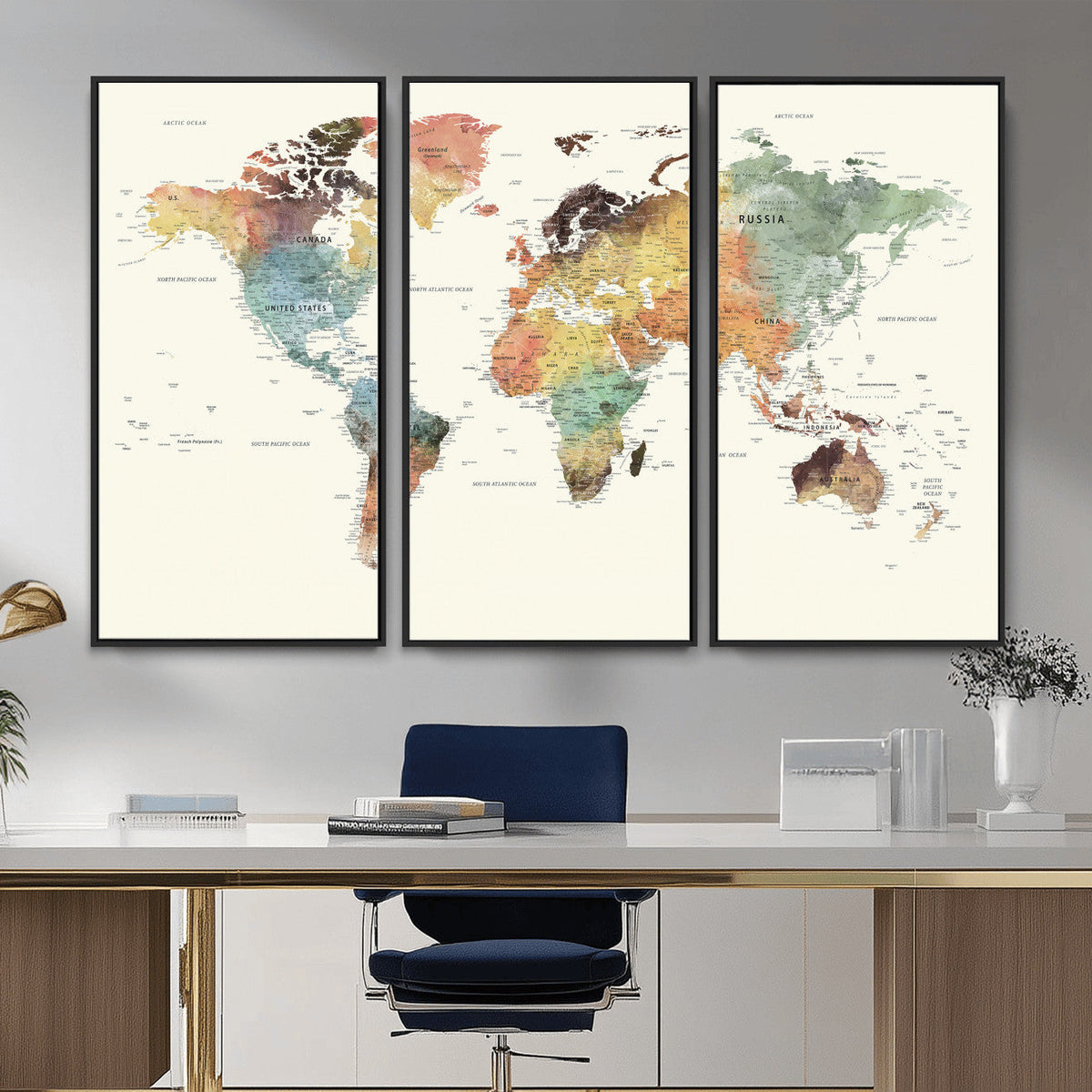 Framed World Map Wall Art Canvas Print for Living Room and