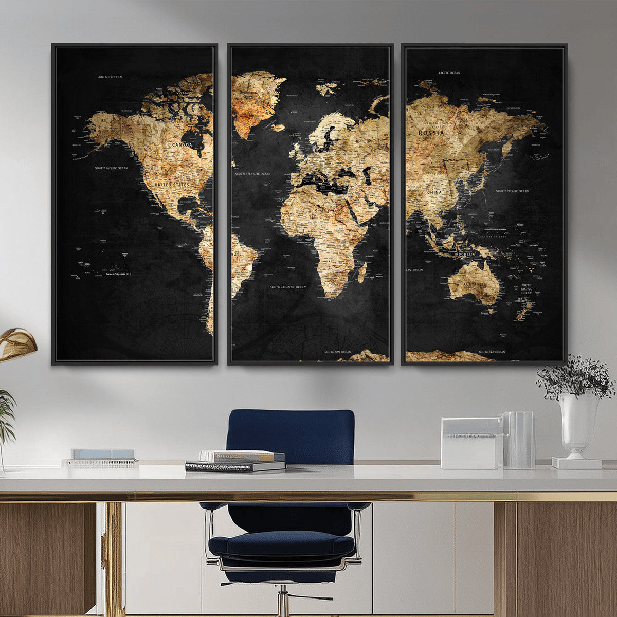 World Map Canvas Wall Art with Famous Landmarks – Framed