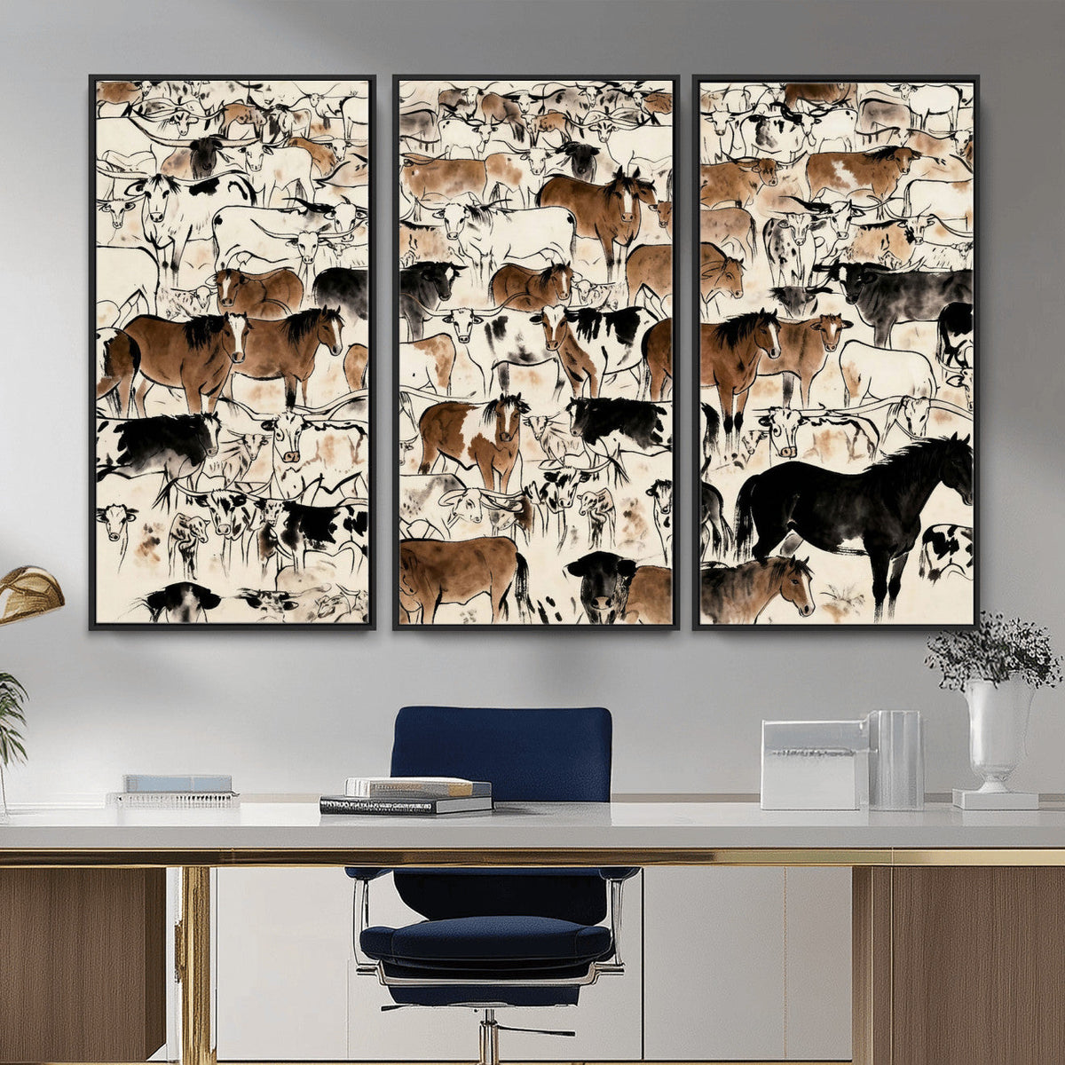 Farmhouse Animals Horse Longhorn Cow Wall Art Canvas Print -