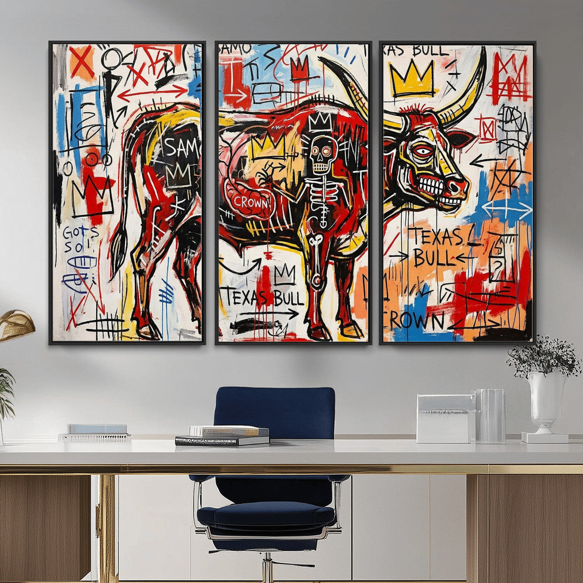 Texas Bull Wall Art Canvas Print, Abstract Graffiti Bull