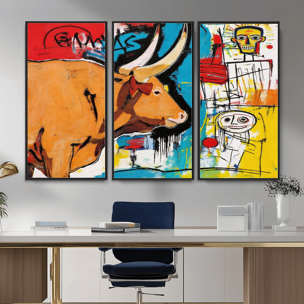 Basquiat Style Bull Graffiti Wall Art Canvas Print, Street