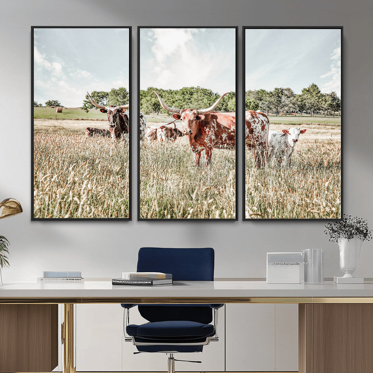 Texas Longhorn Cattle Wall Art Canvas Print, Rustic Ranch