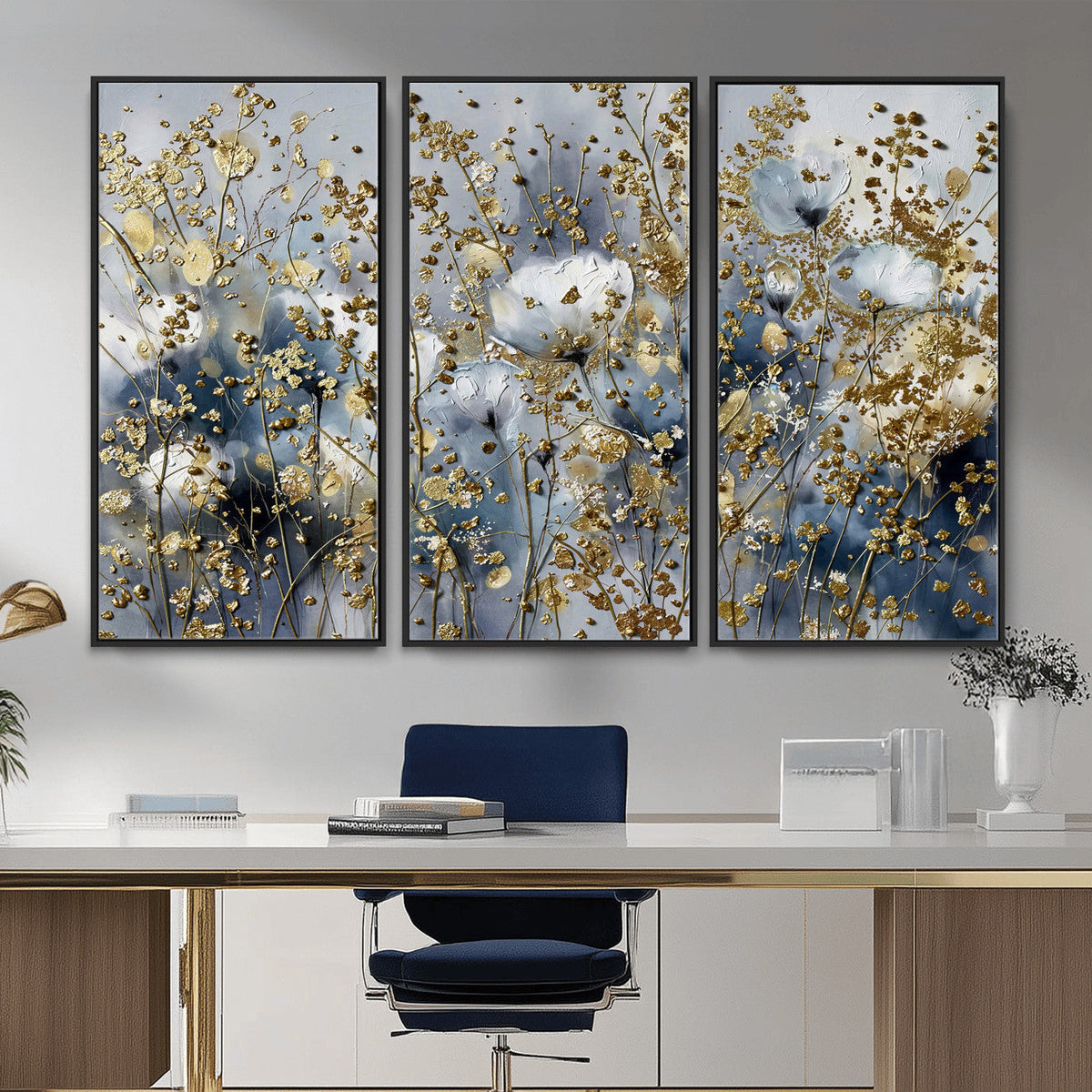 Abstract Floral Wall Art Canvas Print – Gold and Blue