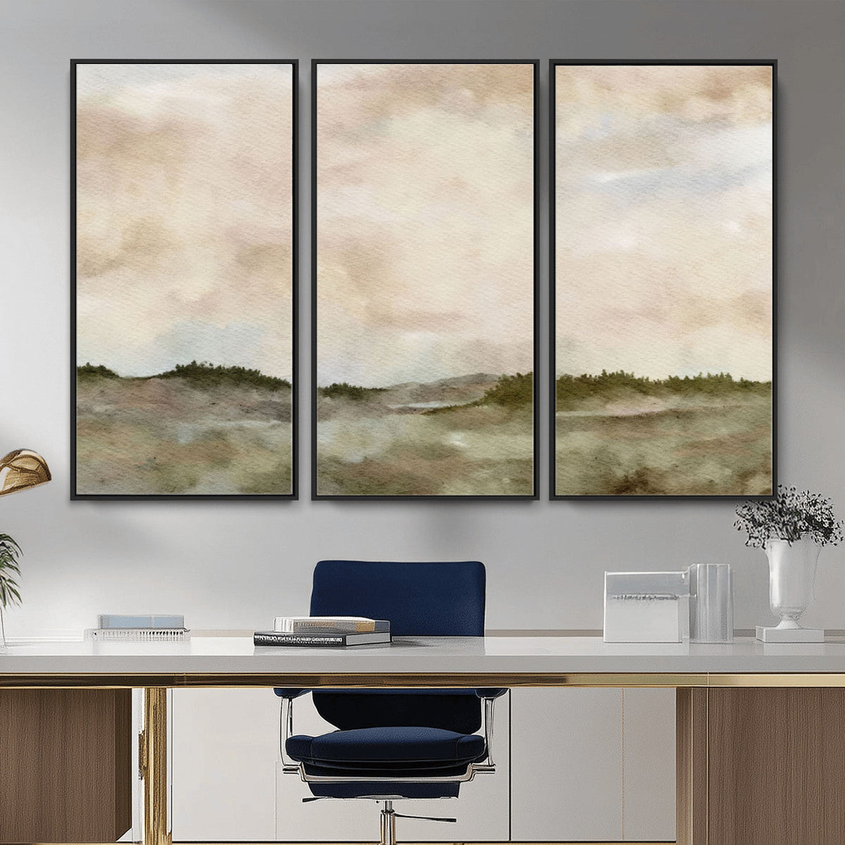 Muted Watercolor Hill Landscape Print — Beige Taupe Cloudy