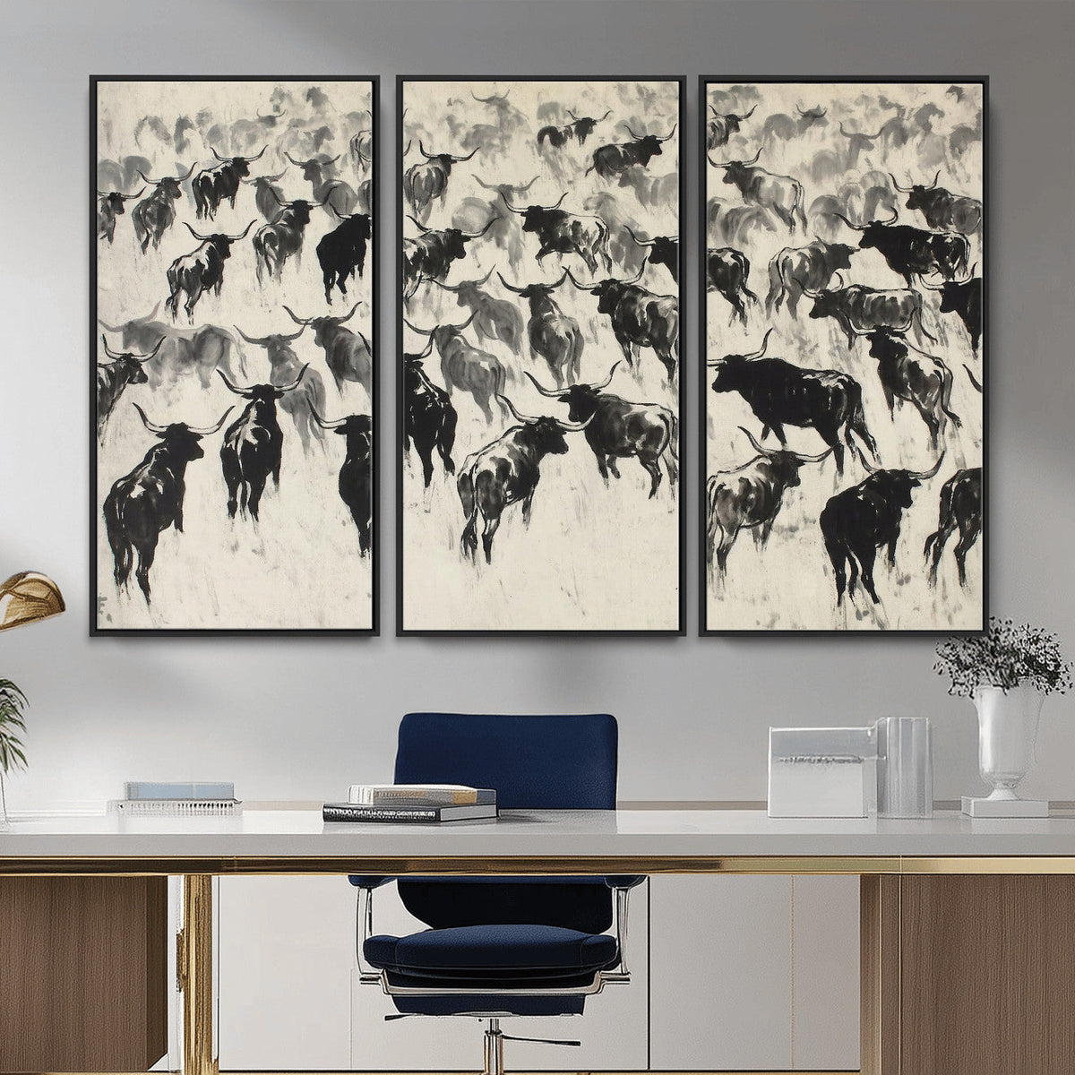 Longhorn Cattle Canvas Wall Art, Black White Stampede Ink