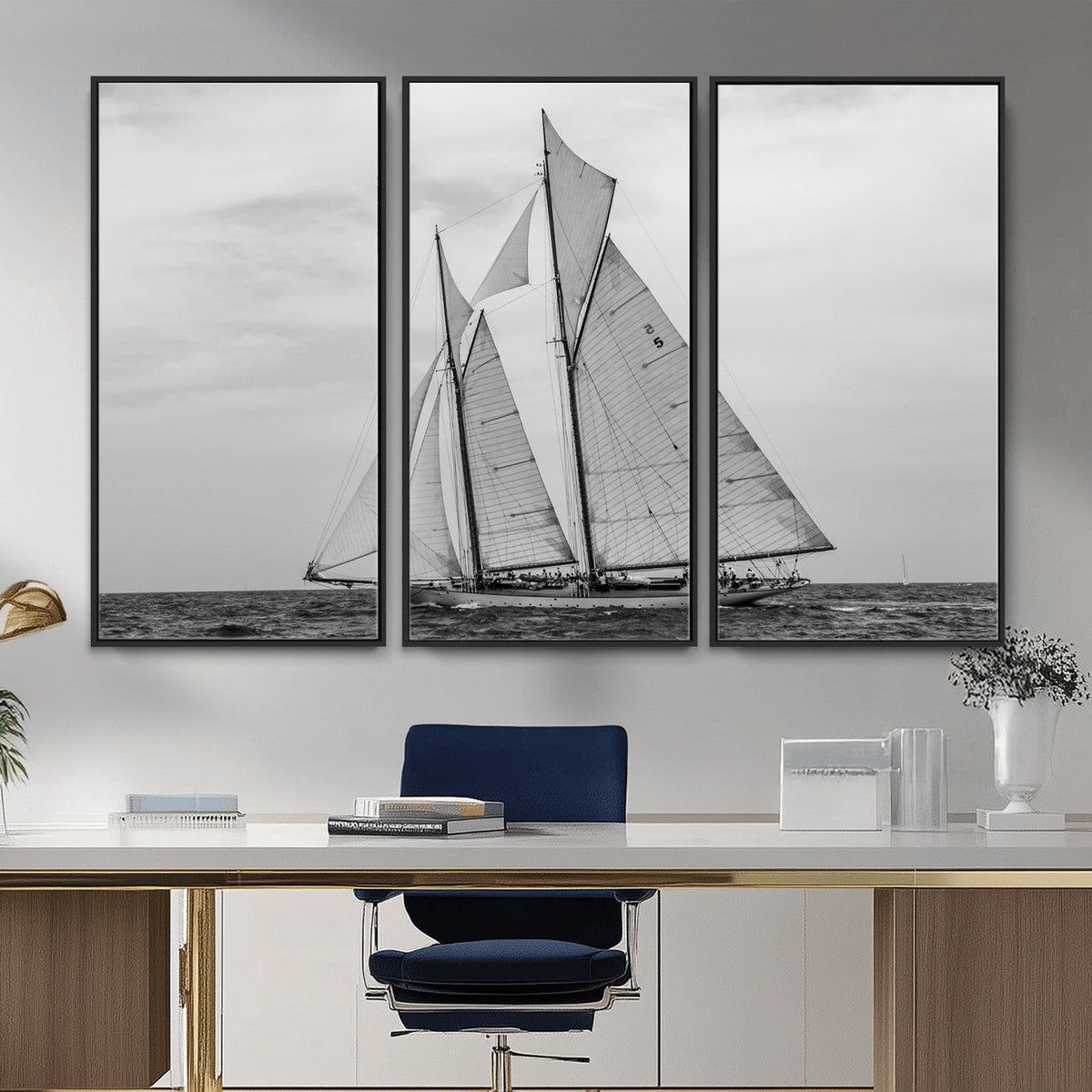 Vintage Sailboat Wall Art Canvas Print, Black and White
