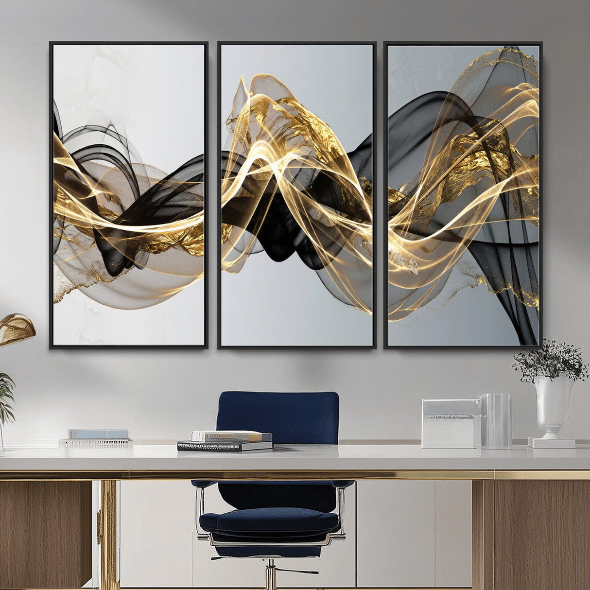 Black and Gold Abstract Wall Art, Modern Wave Canvas Print, Elegant Flowing Smoke Art, Luxury Living Room Decor